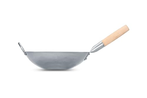 Flat Hand Hammered Carbon Steel Pow Wok with Wooden and Steel Helper Handle
