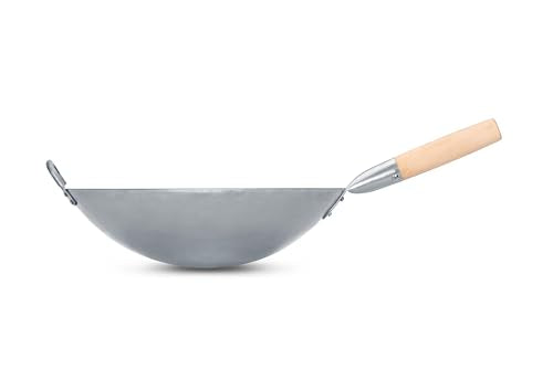 Traditional Hand Hammered Chinese Carbon Steel Wok with Wooden and Steel Helper Handle