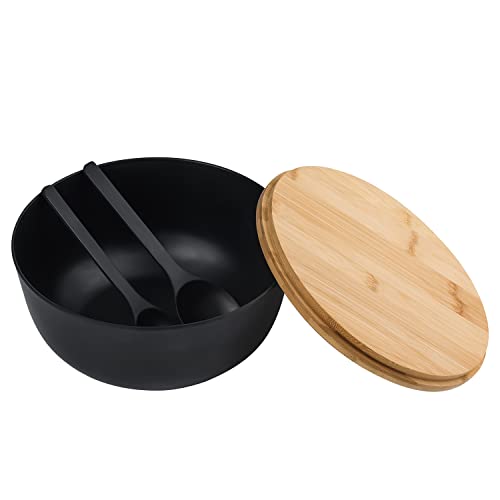 Bamboo Fiber Salad Bowl with Servers Set Large 9.8 inches Nature Bamboo Mixing Bowl with Servers with Lid Spoon and Fork for Fruits