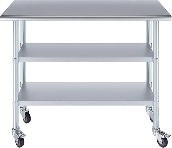 Stainless Steel Work Table with 2 Shelves and Casters