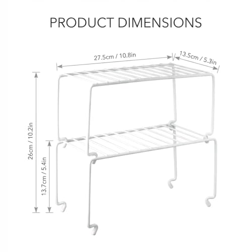 4-Pack Small (10.8x5.3inch) White Stackable Shelf Organizer Rack, Wire Shelf Rack for Kitchen Cabinet, Pantry, Desk Organization and Storage, Rustproof (4 Count)