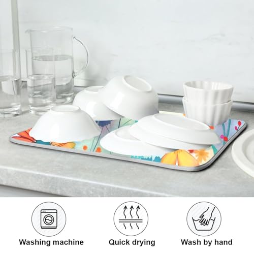 Colorful Flowers Blue Dish Drying Mat for Kitchen Counter Absorbent Microfiber Drying Pad