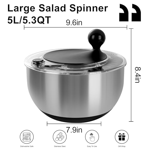 5.3Qt Stainless Steel Salad Spinner with Instant Stop Button
