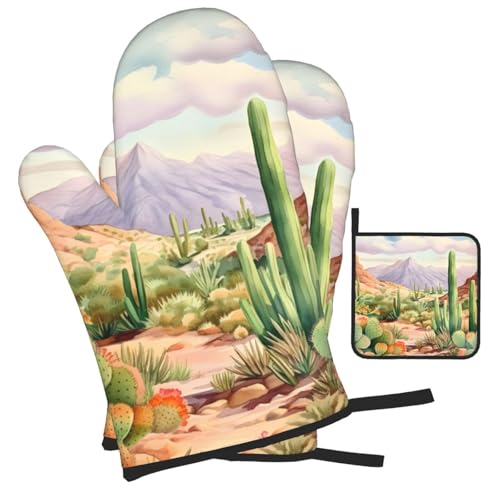 Desert Cactus Oven Mitts and Pot Holders Sets of 3 Heat Resistant Oven Gloves Hot Pads Non (4.33 Count)