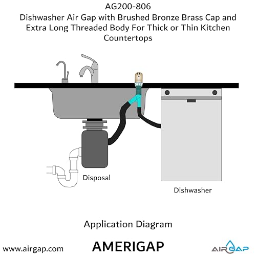Dishwasher Air Gap with Skirted Brushed Bronze Brass Cap and Extra Long Threaded Body for Thick or Thin Kitchen Countertops