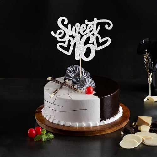 1Pc Sweet Teenager 16 Cake Topper Glitter 16th Birthday Cake Pick for Cheers to 16 Years Old 16th Birthday Party Cake Decorations Supplies Sliver