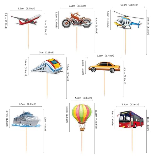 24Pcs Printed Transportation Cupcake Toppers Train Hot Air Balloon Motorcycle Bus Boat Airplane Cupcake Picks for Transportation Theme Baby Shower Boys Girls Birthday Party Decorations