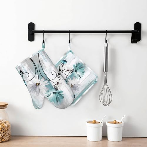 Teal Daisy Oven Mitts Pot Holders Set Silicone Heat Resistant Farm Teal Daisy Floral Flowers and Butterfly Oven Mitts and Hot Pads Potholders Non