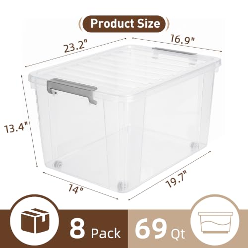 69 QT Plastic Storage Bins with Latching Lids Stackable Storage Containers for Organizing Large Clear Storage Box for Garage (8 Count)