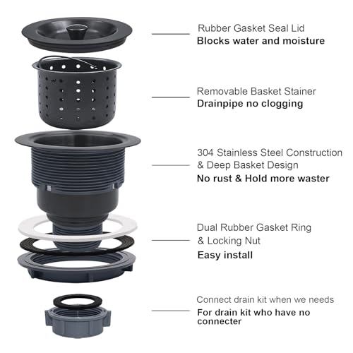 3-1/2-Inch Kitchen Sink Drain Strainer Assembly Kit Gunmetal Black, GZILA Deep Waste Basket Strainer with Sealing Lid Sink Stopper, Dark Gray 304 Stainless Steel