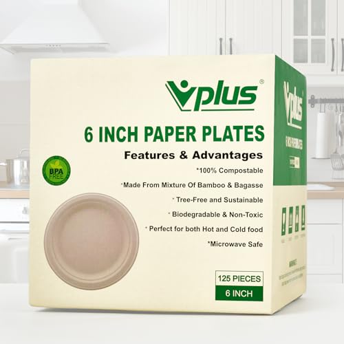 125 Pack Compostable Bagasse Paper Plates 6 inch (125 Count)