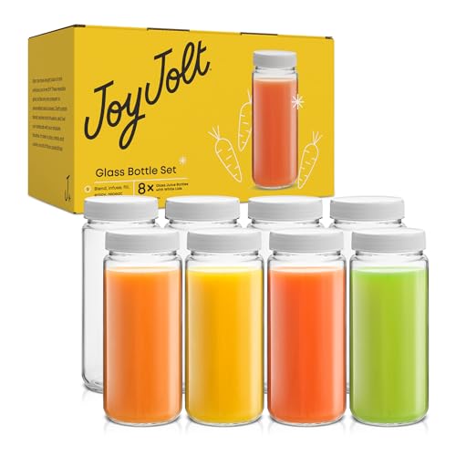 16 oz Reusable Glass Bottles with Caps. Set of 8 Juicing Bottles With Lids and Juice Jars Labels. Glasses for Cold Brew