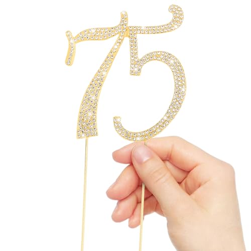 Gold 75th Birthday Cake Topper Rhinestones Cake Decorations for 75th Birthday Party