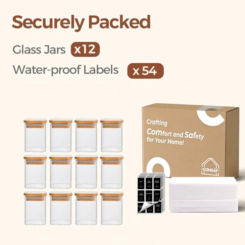 Square Glass Spice Jars with Labels 6 oz 12 Pack with Bamboo Lids (12 Count)