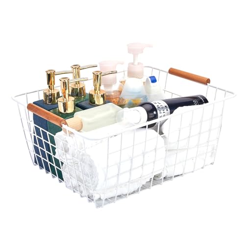 Large white wire baskets with Wooden Handles for storage pantry