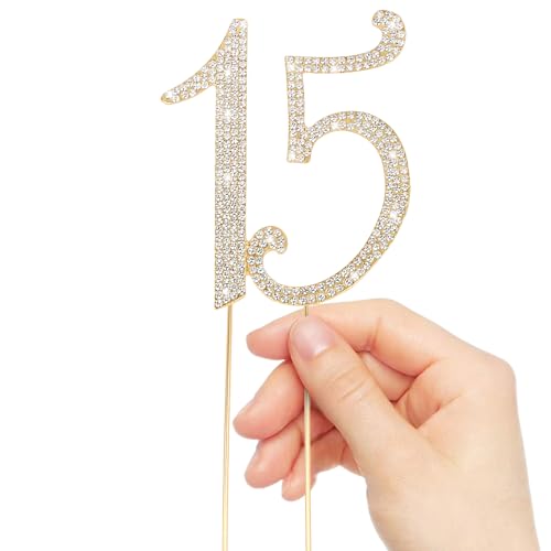 Gold 15th Birthday Cake Topper Rhinestones Cake Decorations for 15th Birthday Party