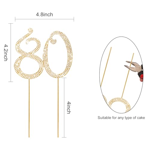Cake Topper 80th Birthday Decorations for Women Gold Rhinestone Cake Toppers