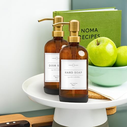 Amber Glass Soap Dispenser Set (16 Ounce)