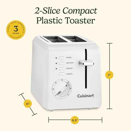 CPT-122 2-Slice Compact Plastic Toaster, Slots for Bagels & Bread, 7 Shade Settings, Cancel/Defrost/Reheat Functions, Removable Crumb Tray, Small Kitchen Appliance for Home & Office, White