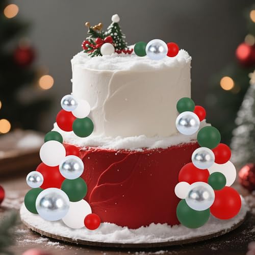 40 Pcs Ball Cake Toppers Red Green White Silver Sticks Foam Balls DIY Cake Topper Insert Balls Cake Decorations for Baking Christmas Party Decorations (40 Count)