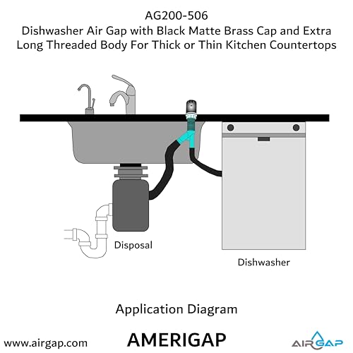Dishwasher Air Gap with Skirted Black Matte Brass Cap and Extra Long Threaded Body for Thick or Thin Kitchen Countertops