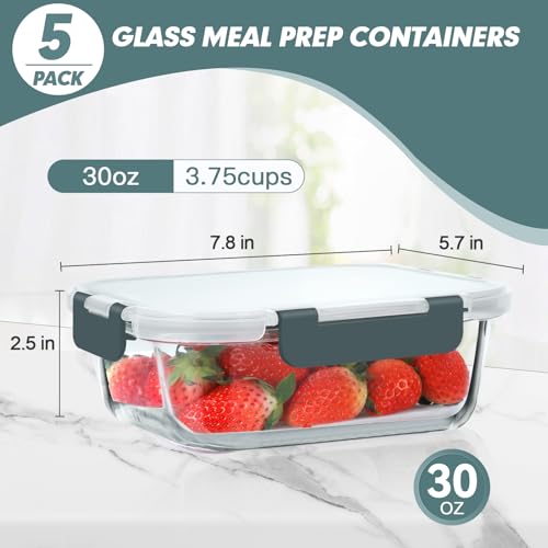30 oz 5 Pack Glass Meal Prep Containers with Lids (5 Count)