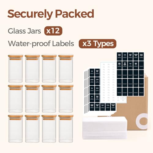 Square Glass Spice Jars with Labels 10 oz 12 Pack with Bamboo Lids (12 Count)