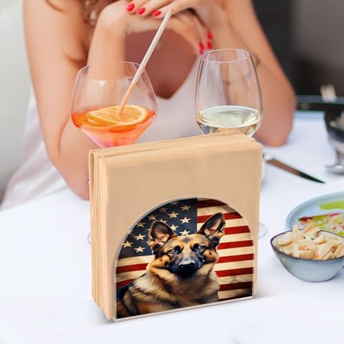 Dog German Shepherd American Flag Napkin Holder for Table Paper Napkins Holder Acrylic Tissue Dispenser Kitchen Dining Room Bathroom Party Car Decor