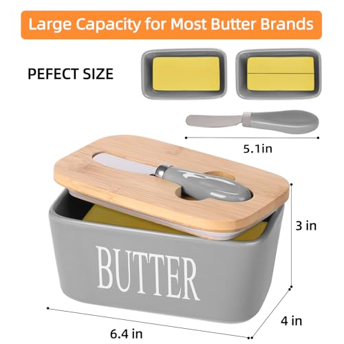 Ceramic Butter Dish with Bamboo Lid and Stainless Steel Knife Spreader Grey