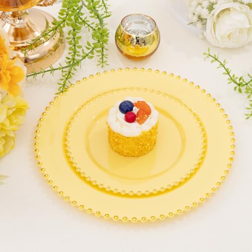100pcs Elegant Yellow Plastic Plates with Gold Beaded for Wedding (100 Count)