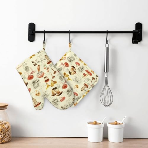 Mushroom Oven Mitts and Pot Holders Sets Silicone Vintage Mushrooms Kitchen Mitts Potholders Heat Resistant 4Pcs Oven Gloves Hot Pads for Kitchen Baking Cooking BBQ Grilling (4 Count)