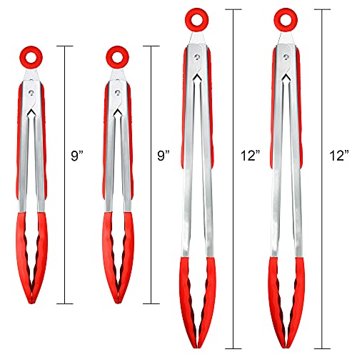 4 Pack Red Silicone Kitchen Tongs Set