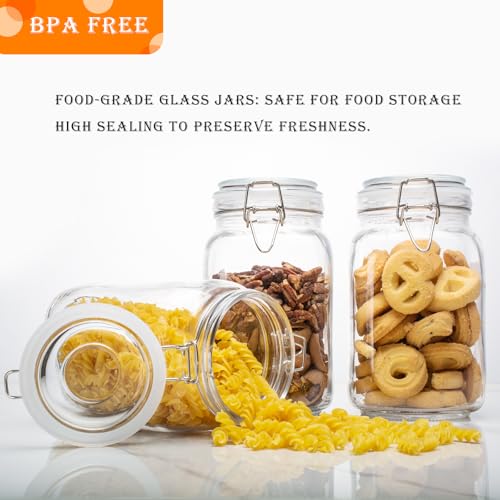 50oz Square Glass Food Storage Jars with Airtight Clamp Lids 3 Pack (3 Count)
