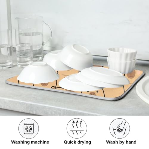 Cute Capybara Orange Dish Drying Mat for Kitchen Counter Absorbent Microfiber Drying Pad