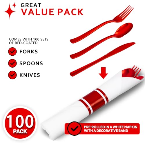 400PCS Pre Rolled Red Plastic Silverware Sets Heavy Duty for Wedding (400 Count)
