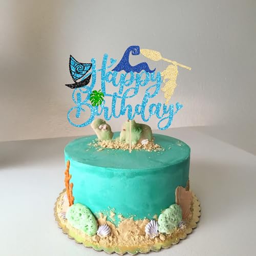 1Pcs Summer Cake Topper Glitter Tree Flower Happy Birthday Cake Pick Decoration for Tropical Hawaiian Luau Theme Baby Shower Kids Birthday Party Cake Decorations Supplies Blue