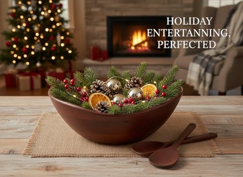 Large Wooden Salad Bowl Set with 2 Serving Utensils (3 Count)