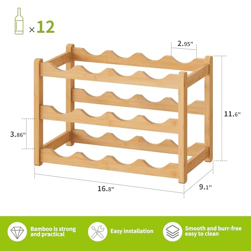 Bamboo Wine Rack Wine Storage Cabinet Shelf 12 Bottle Wine Racks Countertop Sturdy for Kitchen Dining Room Pantry