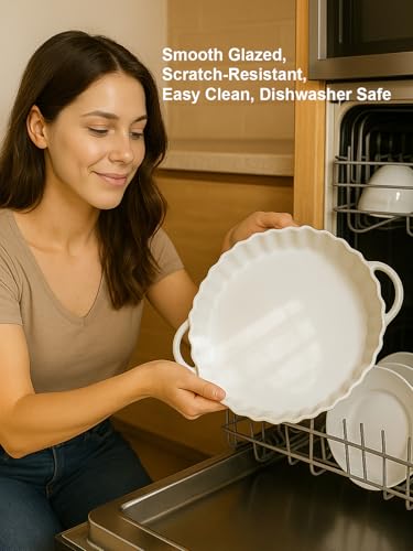 10×2in Deep Ceramic Pie Pan with Handles for Pie Quiche Tart Baking. Easy to grip