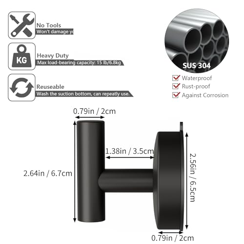 Large Suction Cup Hooks Black Stainless Steel Suction Shower Hooks for Loofah Set of 2 Towel Hook 11 Lb No Drill Hook for Bathroom (2 Count)