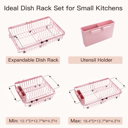 Pink Expandable Dish Drying Rack Over The Sink with Anti Slip Grip