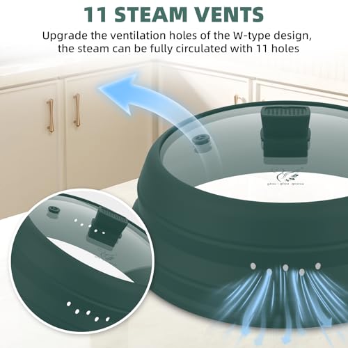 Microwave Splatter Cover Glass Cover Guard Lid with Collapsible Silicone for Food Pot Plate Cover 11.8 inch Dark Green