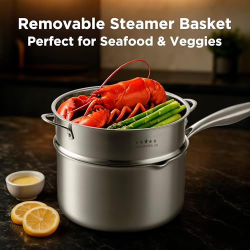 Tri Ply Stainless Steel Sauce Pan with Steamer Basket & Straining Glass Lid