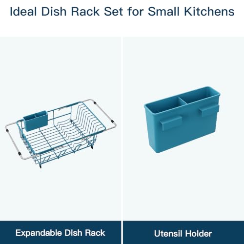 Blue Expandable Dish Drying Rack Over Sink with Anti