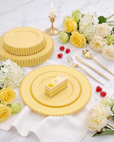 180PCS Yellow Gold Plastic Plates Set for 30 Guests Wedding Party (180 Count)
