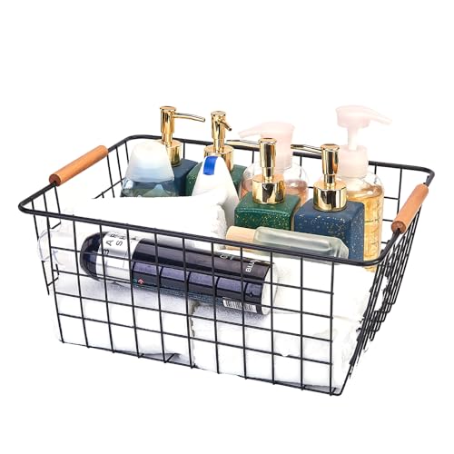 Large black wire baskets with Wooden Handles for storage pantry
