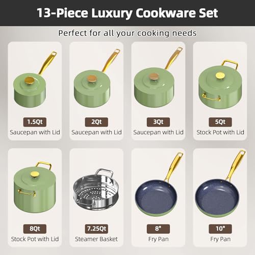 Lux LE 13Pc Ceramic Cookware Set with Elegant Gold Handle