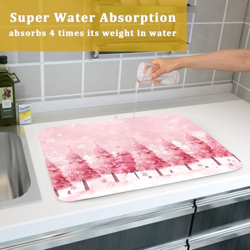Pink Trees Dish Drying Mats Christmas Snowy Decor Drying Pad Kitchen Countertop Drainer Rack Mat 18 X 24 Inch