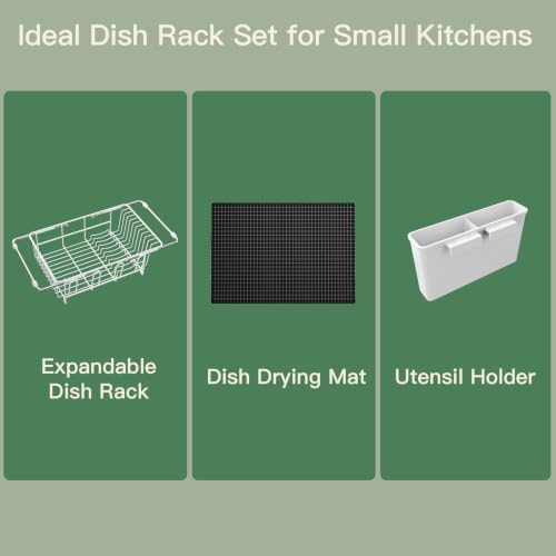 White Expandable Dish Drying Rack Over Sink with Extra Drying Mat