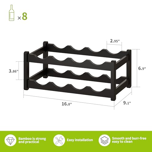 Bamboo Wine Rack Wine Storage Cabinet Shelf 8 Bottle Wine Racks Countertop Sturdy for Kitchen Dining Room Pantry